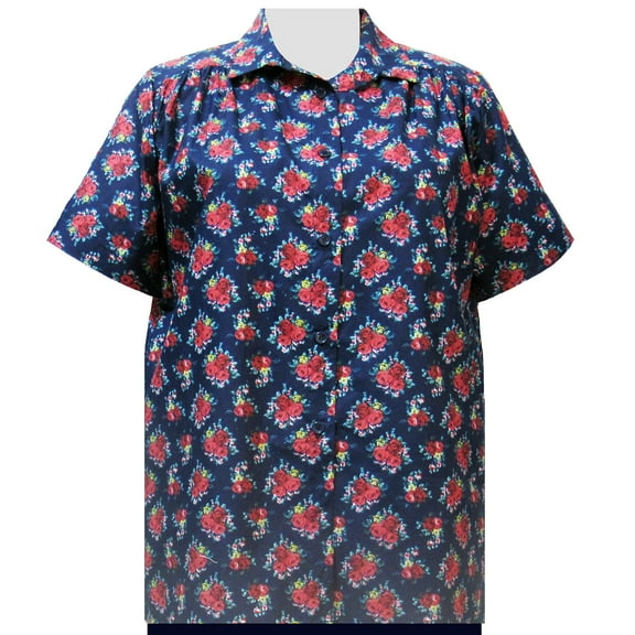 A Personal Touch Women's Plus Size Short Sleeve Button-Up Cotton Blouse with Shirring - Navy Really Rosy - 4X
