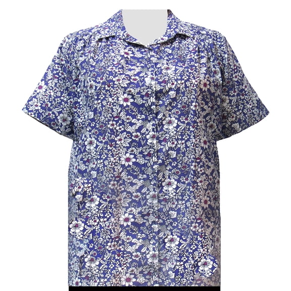 A Personal Touch Women's Plus Size Short Sleeve Button-Up Cotton Blouse with Shirring - Purple Field of Dreams - 6X