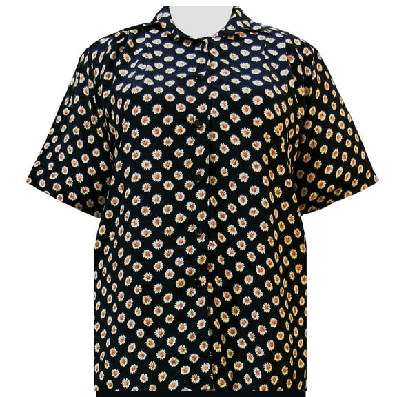 A Personal Touch Women's Plus Size Short Sleeve Button-Up Print Blouse with Pleats - Black Charming - 0X