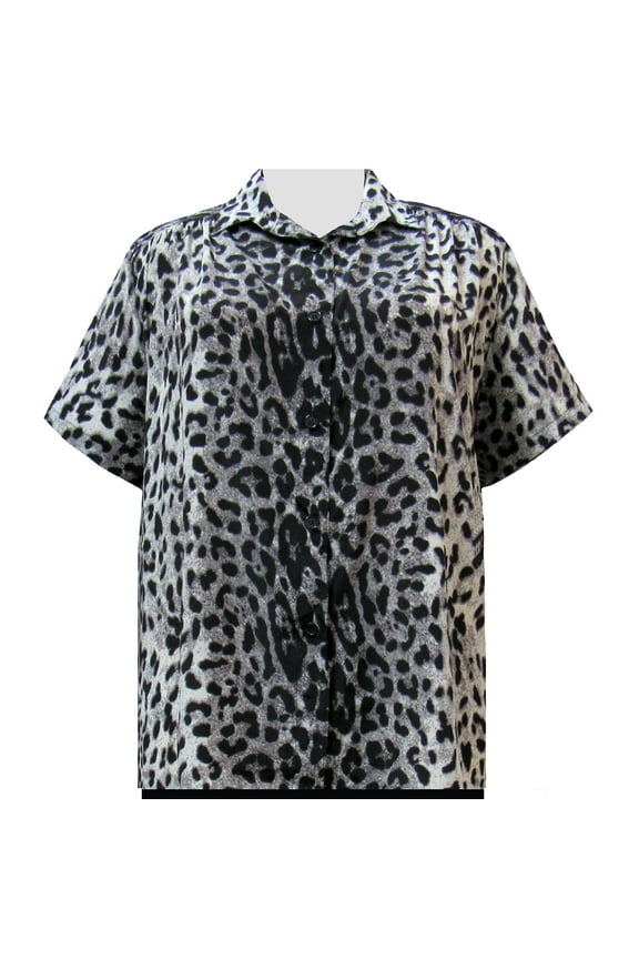Women's Plus Size Short Sleeve Button-Up Print Blouse with Pleats - Grey Snow Leopard - 6X