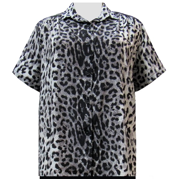 A Personal Touch Women's Plus Size Short Sleeve Button-Up Print Blouse with Pleats - Grey Snow Leopard - 6X