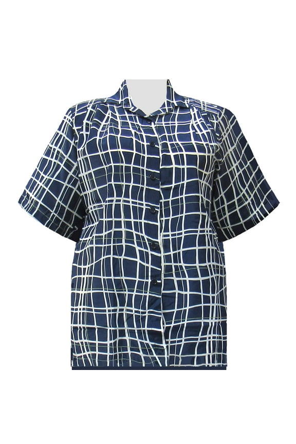 Women's Plus Size Short Sleeve Button-Up Print Blouse with Pleats Navy Windowpane - 4X