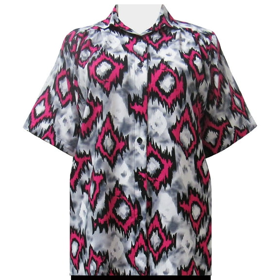A Personal Touch Women's Plus Size Short Sleeve Button-Up Print Blouse with Pleats - Platinum Fuchsia - 6X