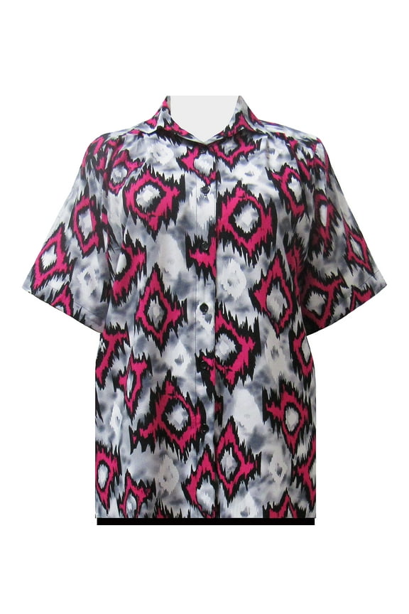 Women's Plus Size Short Sleeve Button-Up Print Blouse with Pleats - Platinum Fuchsia - 6X