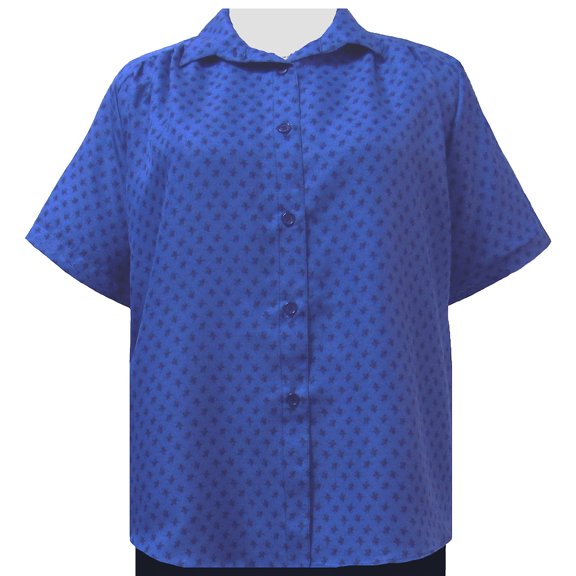 A Personal Touch Women's Plus Size Short Sleeve Button-Up Print Blouse with Shirring - Blue Floating Leaves - 6X