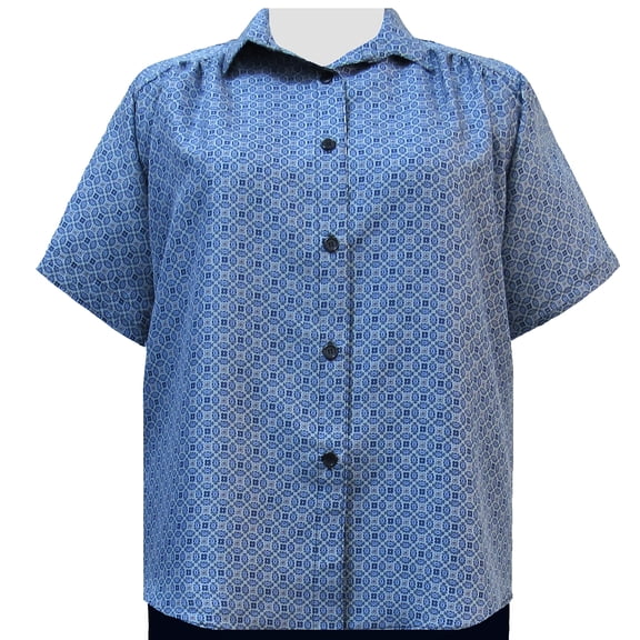 A Personal Touch Women's Plus Size Short Sleeve Button-Up Print Blouse with Shirring - Greyson Blue - 7X