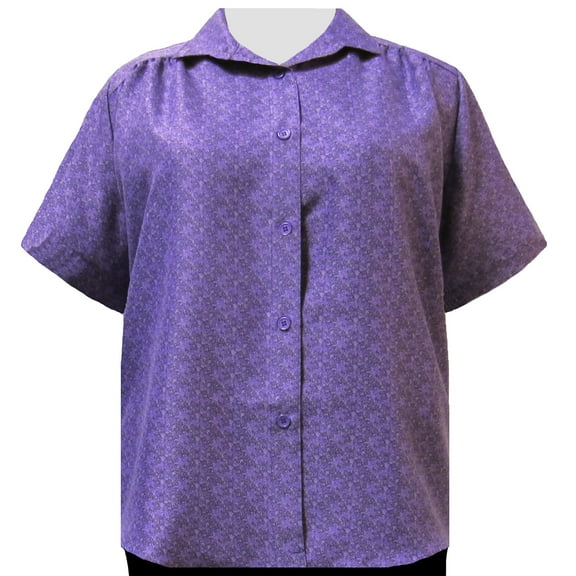 A Personal Touch Women's Plus Size Short Sleeve Button-Up Print Blouse with Shirring - Purple Cora - 6X