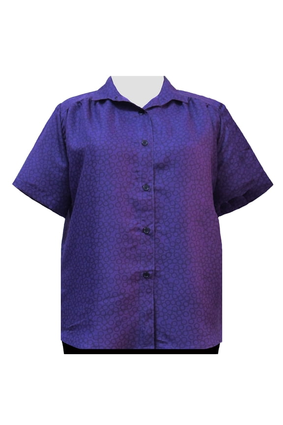 Women's Plus Size Short Sleeve Button-Up Print Blouse with Shirring - Purple Flo - 6X