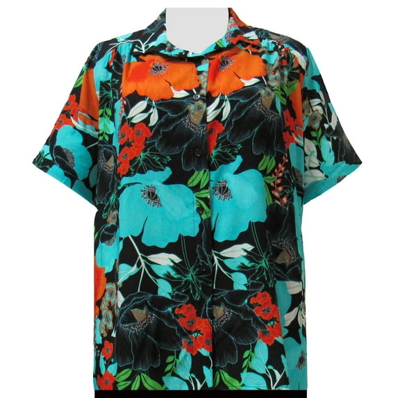 A Personal Touch Women's Plus Size Short Sleeve Button-Up Print Blouse with Shirring - Turquoise Blossoms - 6X