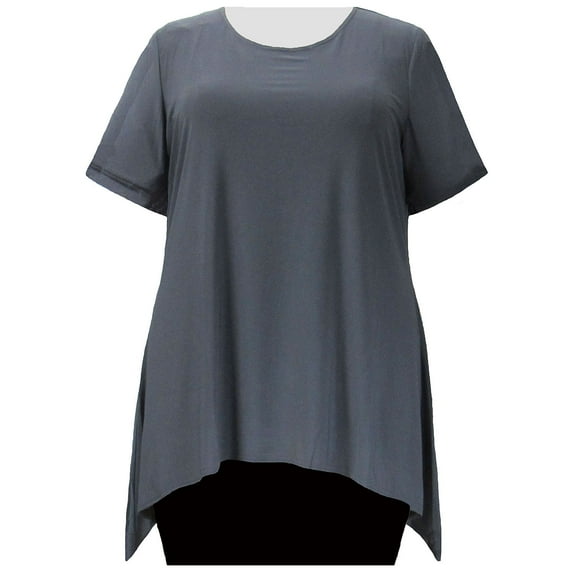 A Personal Touch Women's Plus Size Short Sleeve Round Neck Sharkbite Hem Pullover Top - Charcoal - 2X