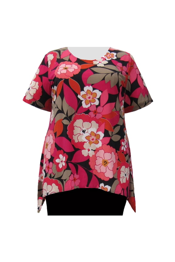Women's Plus Size Short Sleeve Round Neck Sharkbite Hem Pullover Top - Fuchsia Peony - 6X