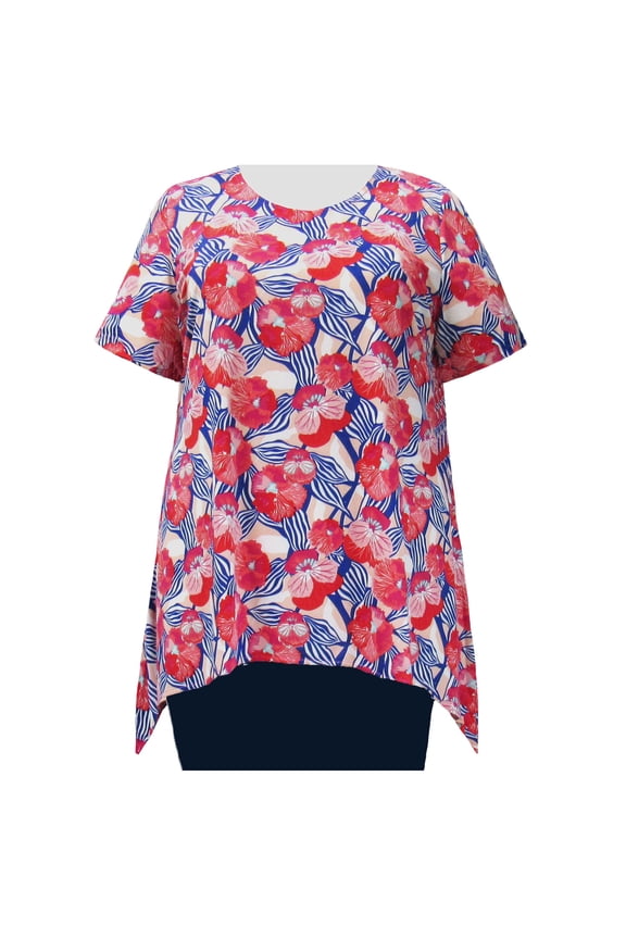 Women's Plus Size Short Sleeve Round Neck Sharkbite Hem Pullover Top - Strawberry Fields - 6X