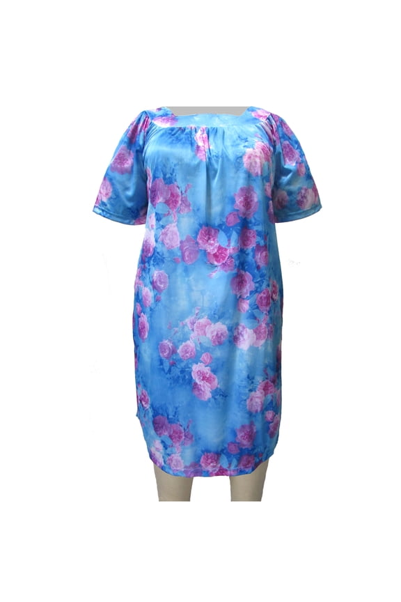 Women's Plus Size Square Neck Lounging Dress - Blue Flourish - 5X