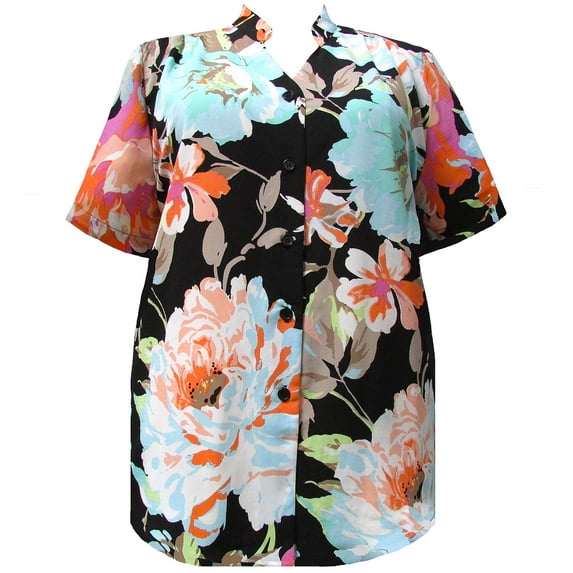 A Personal Touch Women's Plus size Short Sleeve Mandarin Collar V-Neck Tunic - Black Pastel Floral - 0x