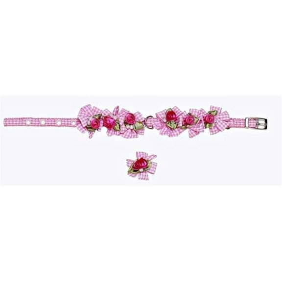 A Pets World 14000122-14 Ribbon Dog Collar + Leash Set-Pink Gingham Petal Flower Rosette with Pearls