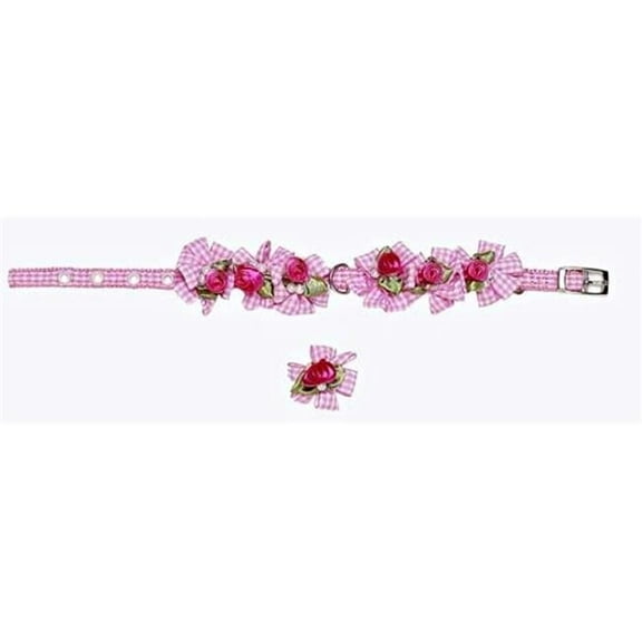 A Pets World 14000122-16 Ribbon Dog Collar + Leash Set-Pink Gingham Petal Flower Rosette with Pearls