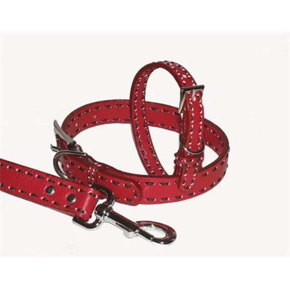 A Pets World 03011304-18 Leather Dog Collar- Red-Chocolate Saddle Stitch