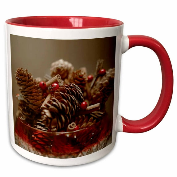 3drose, a Photograph of a Candy Bowl Filled with Pinecone and Berry Garland., 15oz Two-tone Red Mug