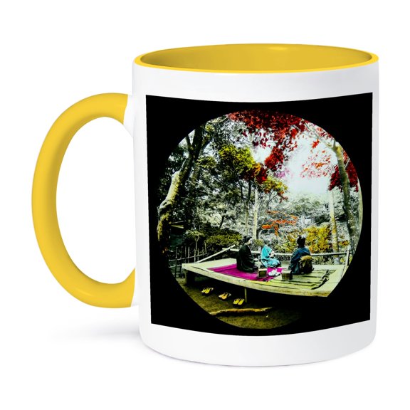 3dRose, A Picnic Under the Maple Leaves in Old Japan Vintage Hand Colored, 11oz Two-Tone Yellow Mug