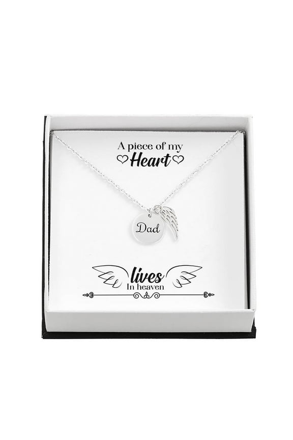 A Piece of My Heart Lives in Heaven Remembrance Necklace for Dad Angel Wing Charm Stainless Steel or 18k Gold Finish