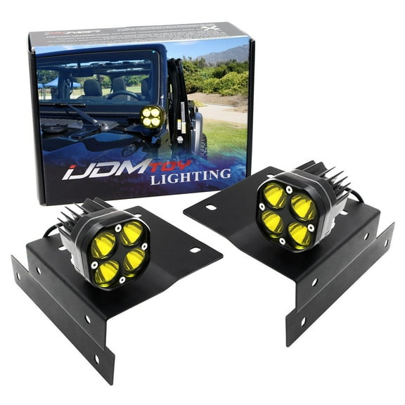 A-Pillar 20W High Power Yellow LED Pod Lights For Jeep 2018-up Wrangler JL, Gladiator JT, Includes (2) Round LED Driving Lamps, Front Pillar Mounting Brackets & Relay Wiring