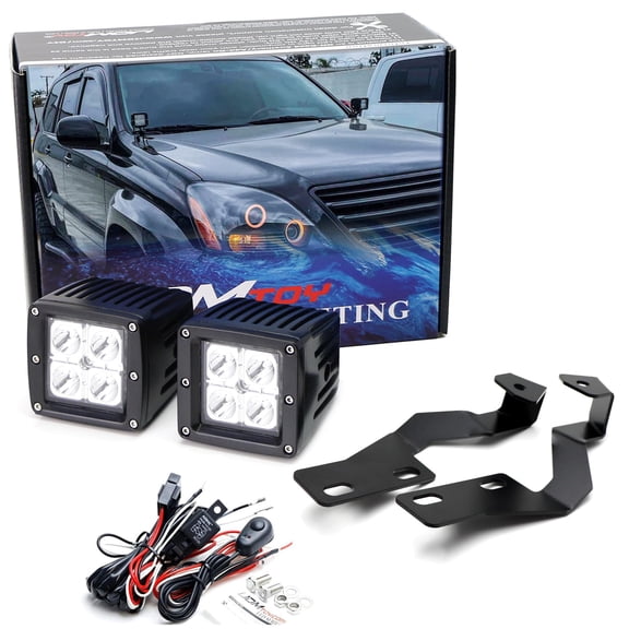 A-Pillar LED Ditch Light Kit For 2003-2009 Lexus GX470, Including 20W High Power LED Cubic Pods, Under Hood Low Profile Mounting Brackets & On/Off Switch Wiring Relay