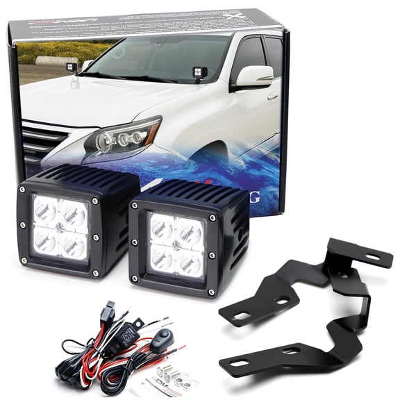 A-Pillar LED Ditch Light Kit For 2010-2023 Lexus GX460, Including 20W High Power LED Cubic Pods, Under Hood Low Profile Mounting Brackets & On/Off Switch Wiring Relay White