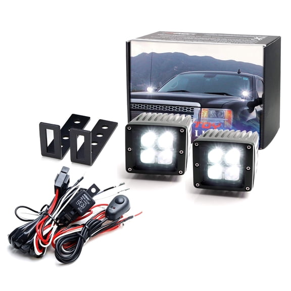 A-Pillar LED Pod Light Kit For 2007-14 Chevy Silverado, Avalanche & GMC Sierra, Includes (2) High Power LED Cubes, Windshield Hitch Mounting Brackets & On/Off Switch Wiring
