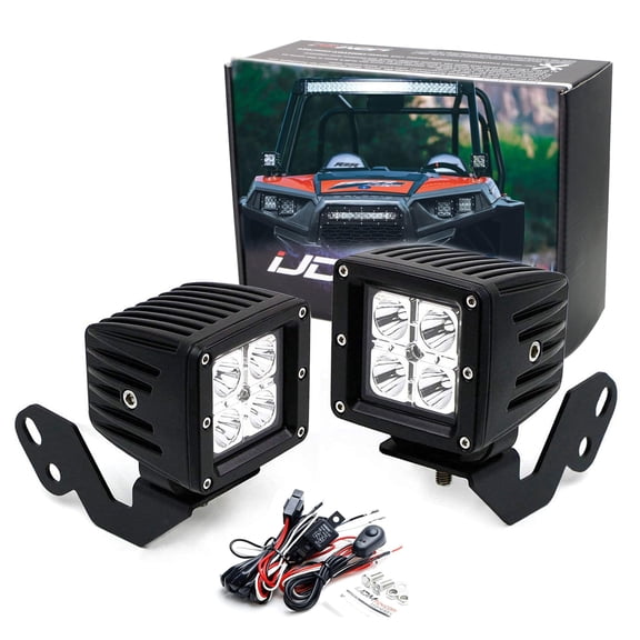 A-Pillar LED Pod Lights For 2014-up Polaris RZR XP 1000, 15-up RZR 900, Incl (2) 20W High Power LED Cubes, Windshield A-Pillar Mounting Brackets & On/Off Switch Wiring Kit