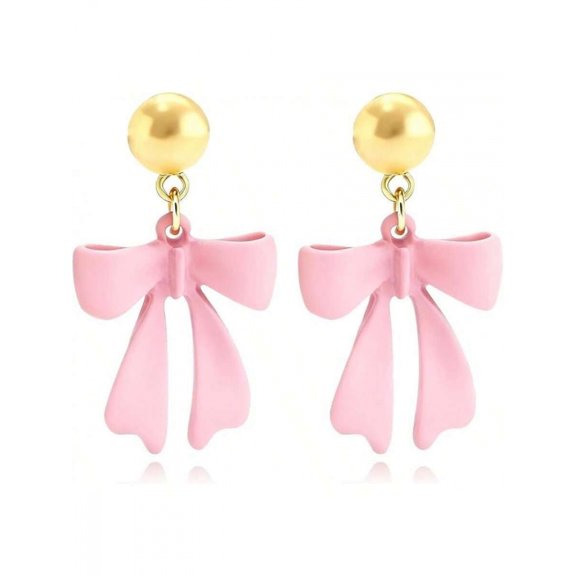 A:Pink Bow Dangle Earrings — Matte Pink Ribbon-Style Bow With Goldtone Ball Studs For Women