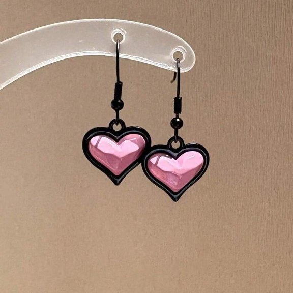A-Pink Heart Pendant Earrings With Black Outline And Ear Hooks Fashion Dangle Jewelry