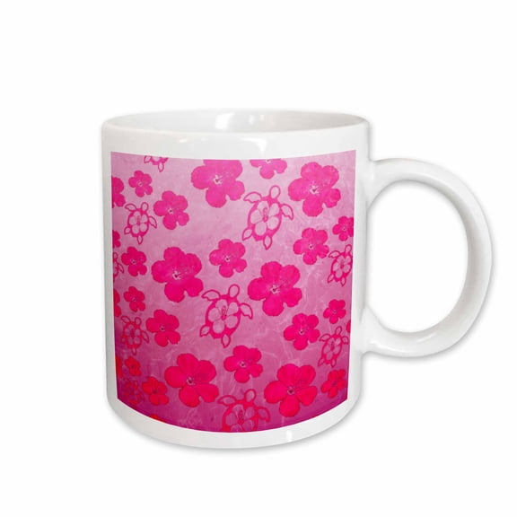 A Pink Pattern Of Tropical Hibiscus Flowers And Honu Turtles., 11oz Mug