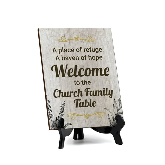 A Place Of Refuge, A Haven Of Hope Welcome To The Church Family Table Table Sign with Acrylic Stand (6 x 8) | Religious Church & Home Decor