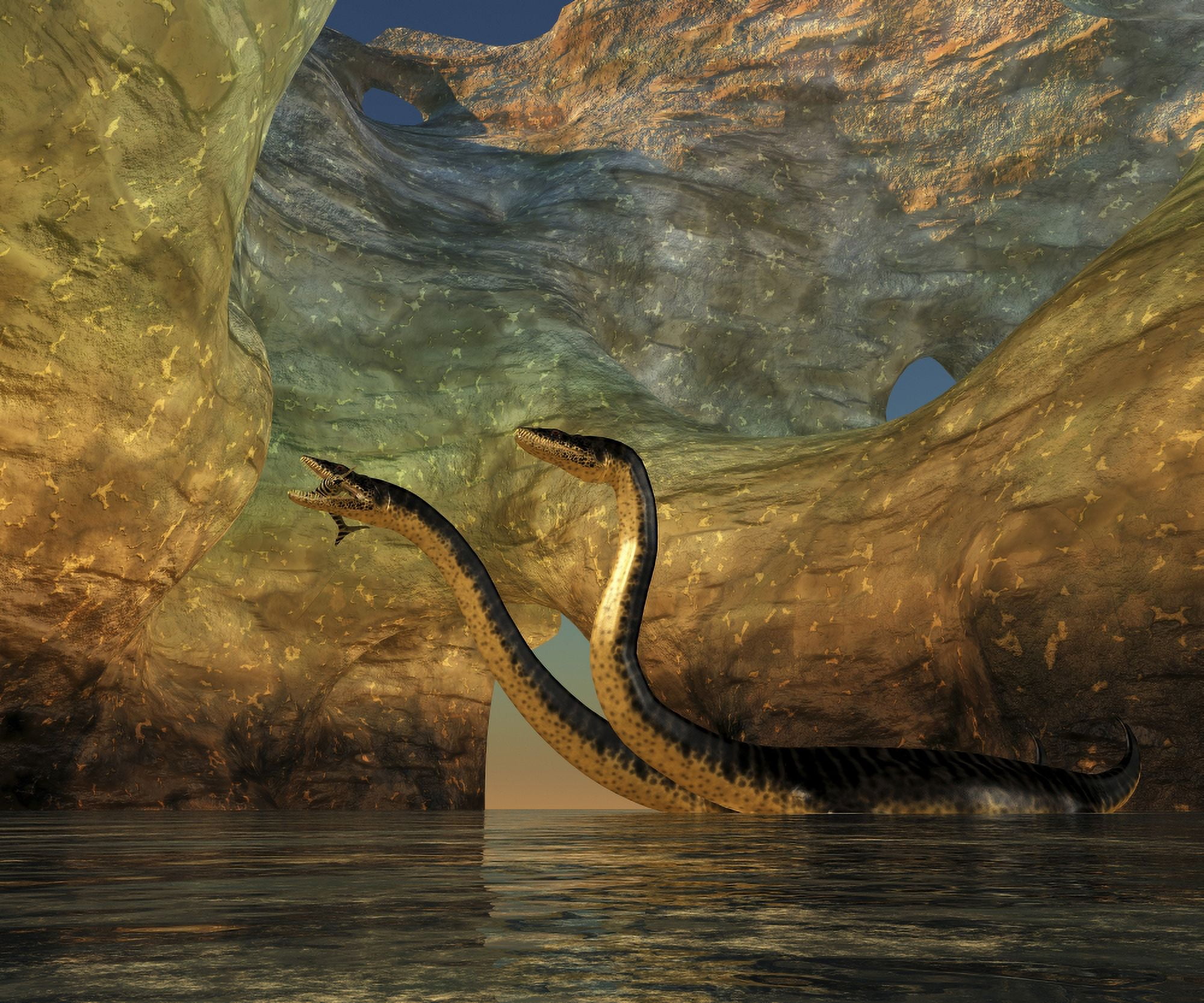 A Plesiosaurus captures a Eurhinosaurus marine reptile in a sea cave Canvas Art - Corey FordStocktrek Images (31 x 26)