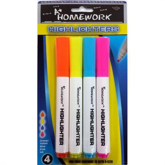A Plus Homework 1860444 Neon Colors Highlighters, 4 per Pack - Case of 48