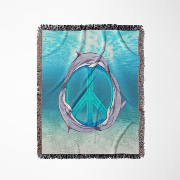 A Pod Of Dolphins Swimming Around A Ocean Blue Peace Sign., Woven Blanket