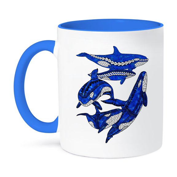 3dRose, A pod of tribal orca killer whales, 15oz Two-Tone Blue Mug