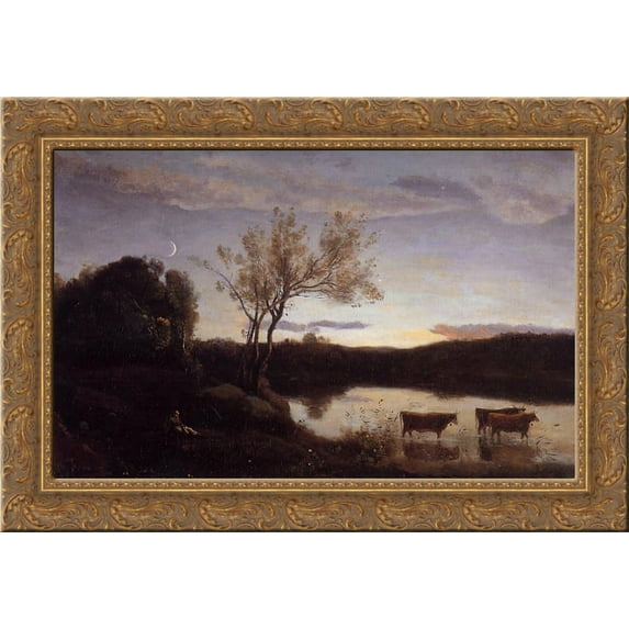 A Pond with three Cows and a Crescent Moon 24x18 Gold Ornate Wood Framed Canvas Art by Camille Corot