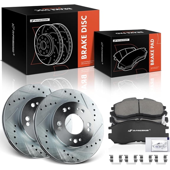 A-Premium 10.08 in (256mm) Front Drilled and Slotted Disc Brake Rotors + Ceramic Pads Kit Compatible with Select Dodge Chrysler Mitsubishi Eagle models - Avenger Stratus Sebring Galant 6-PC Set