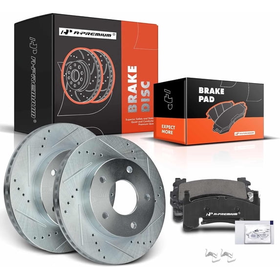 A-Premium 10.50 inch (266.7mm) Drilled and Slotted Disc Brake Rotors + Ceramic Pads Kit Compatible with Select Chevy, GMC, Buick, Cadillac and Oldsmobile - Models Blazer, S10, Jimmy, Sonoma, Syclone