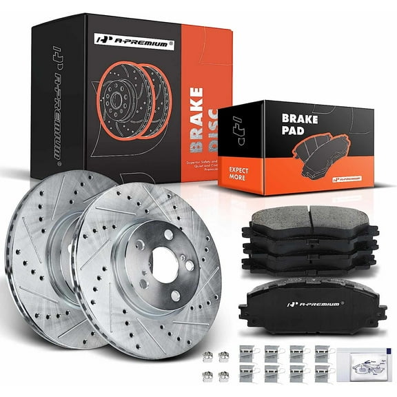 A-Premium 10.83 inch Front Drilled and Slotted Disc Brake Rotors + Ceramic Brake Pads Kit Compatible with Select Pontiac, Scion and Toyota Models - Vibe, xD, Corolla, Matrix, 6PCS