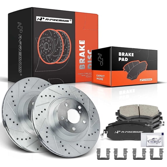 A-Premium 11.55 inch (293.5mm) Front Drilled and Slotted Disc Brake Rotors + Ceramic Pads Kit Compatible with Select Subaru Models - Legacy 06-13 Outback 05-13 Forester 09-13 Baja 05-06 Impreza