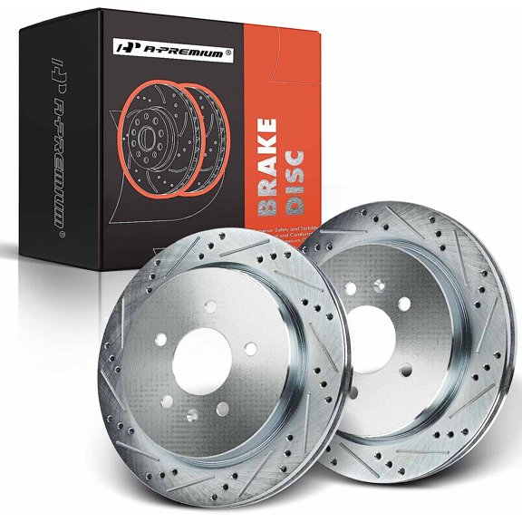 A-Premium 11.73 inch (298mm) Rear Drilled and Slotted Disc Brake Rotors Compatible with Select Cadillac Models - CTS 2003-2007, STS 2005-2011, Seville 2003-2004, 2-PC Set