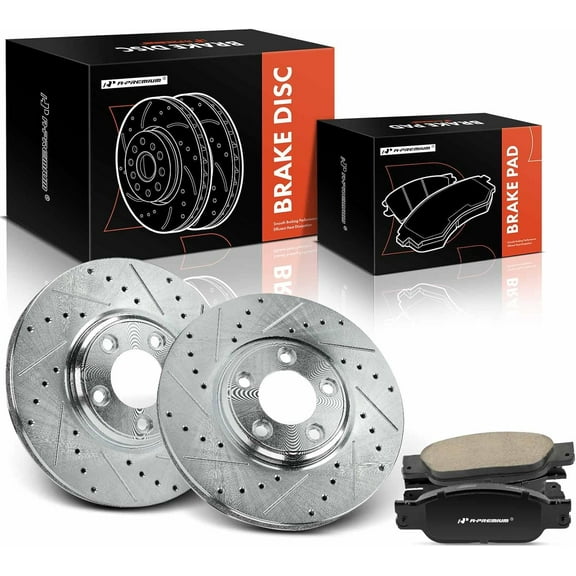A-Premium 11.81 in (300 mm) Front Drilled and Slotted Disc Brake Rotors + Ceramic Pads Kit Compatible with Select Ford, Lincoln and Jaguar Models - Thunderbird 2002-2005, LS, S-Type, 6-PC Set