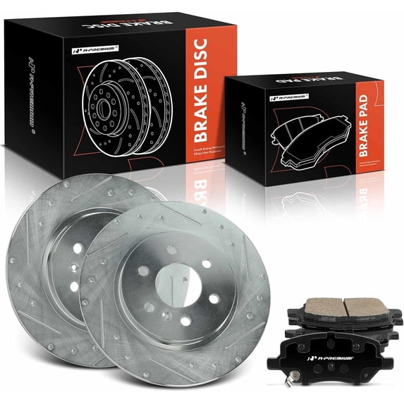 A-Premium 11.81 inch (300mm) Rear Drilled and Slotted Disc Brake Rotors + Ceramic Pads Kit Compatible with Select Chevrolet, Buick and Pontiac Models - Terraza, Uplander, Montana, 6-PC Set