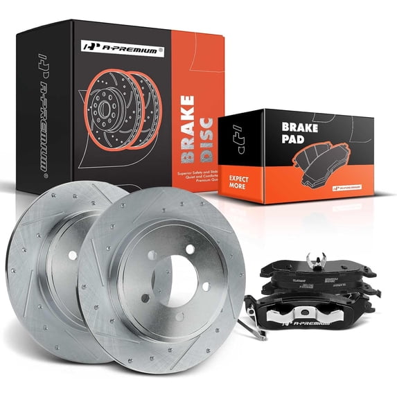 A-Premium 11.85 inch (301mm) Rear Drilled and Slotted Disc Brake Rotors + Ceramic Pads Kit Compatible with Select Toyota Models - Camry 2002-2006, Avalon 2005-2007, Solara 2004-2008, 6-PC Set