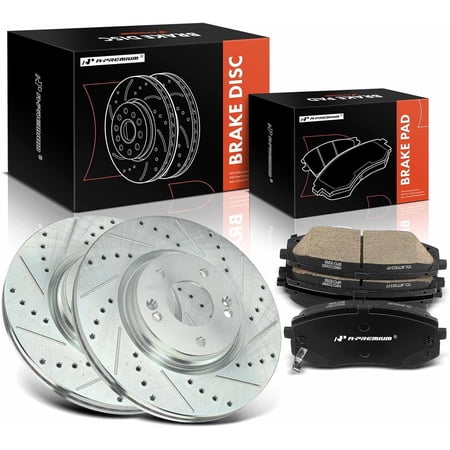 A-Premium 12.00 inch (305mm) Front Drilled and Slotted Disc Brake Rotors + Ceramic Pads Kit Compatible with Select Hyundai and Kia Models - Sonata 2015-2019, Kona Electric, Optima, Niro EV, 6-PC Set