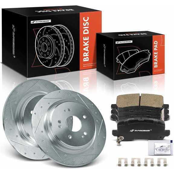 A-Premium 12.20 in (310 mm) Rear Drilled and Slotted Disc Brake Rotors + Ceramic Pads Kit Compatible with Select Acura Models - TLX 2015-2020, 6-PC Set