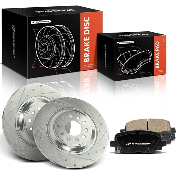 A-Premium 12.59 inch (320mm) Rear Drilled and Slotted Disc Brake Rotors + Ceramic Pads Kit Compatible with Select Jeep Models - Cherokee 2014-2021, 6-PC Set