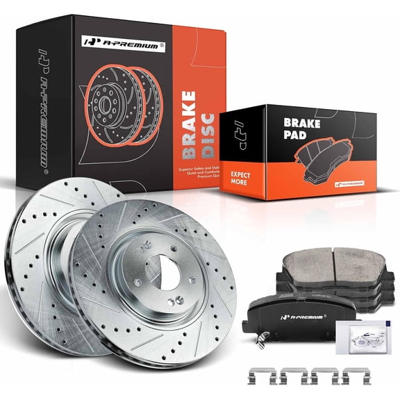 A-Premium 12.6 inch (320mm) Front Drilled and Slotted Disc Brake Rotors + Ceramic Pads Kit Compatible with Select Kia Models - Optima 2011 2012 2013 2014 2015, 2.0L, 6-PC Set